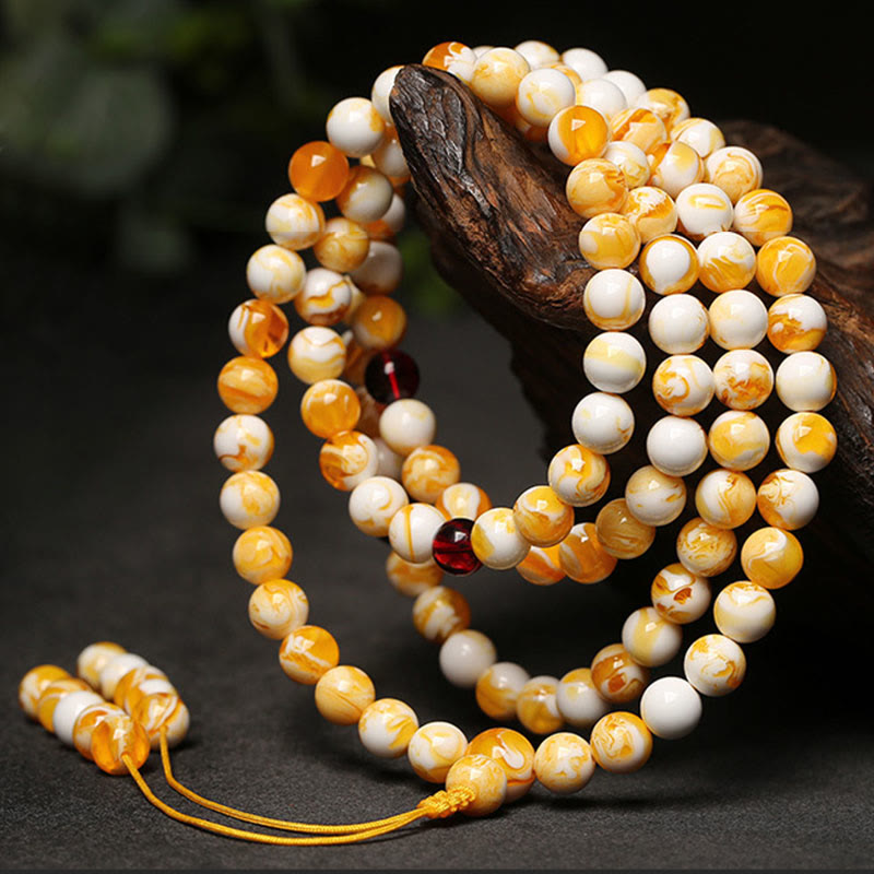 Fortune Jewel Tibetan White Yellow 108 Beads Amber Mala - Fortune Jewel