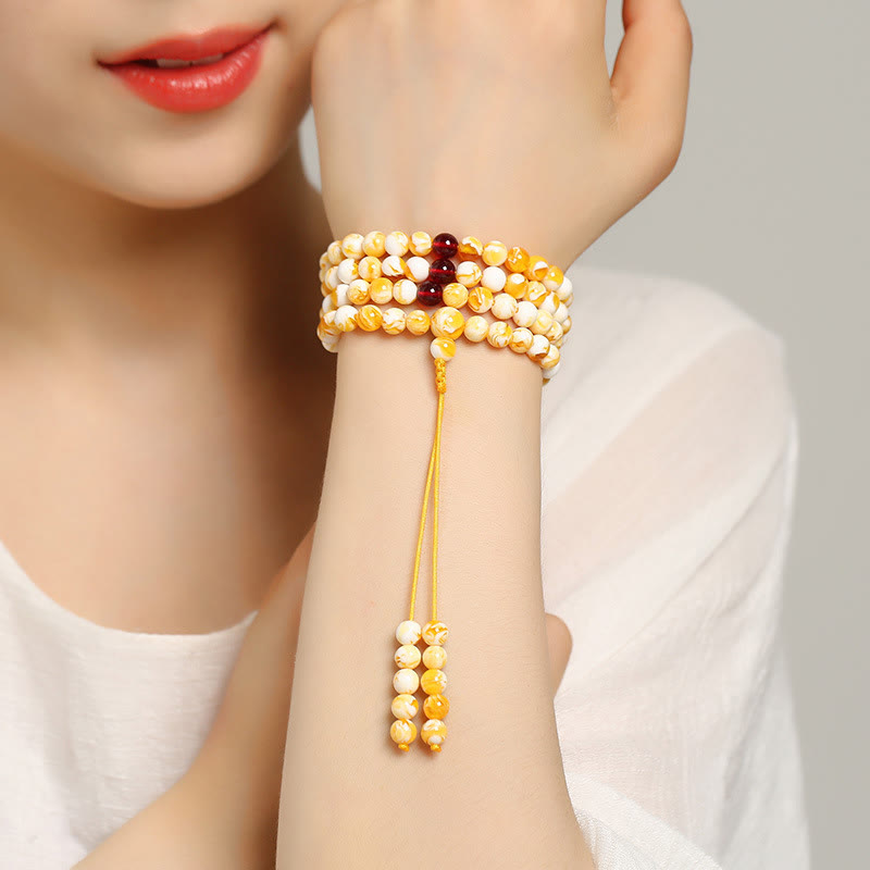 Fortune Jewel Tibetan White Yellow 108 Beads Amber Mala - Fortune Jewel