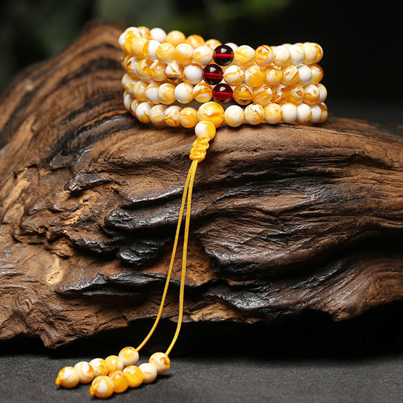 Fortune Jewel Tibetan White Yellow 108 Beads Amber Mala - Fortune Jewel