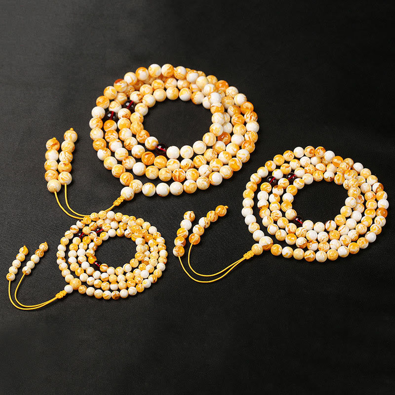Fortune Jewel Tibetan White Yellow 108 Beads Amber Mala - Fortune Jewel