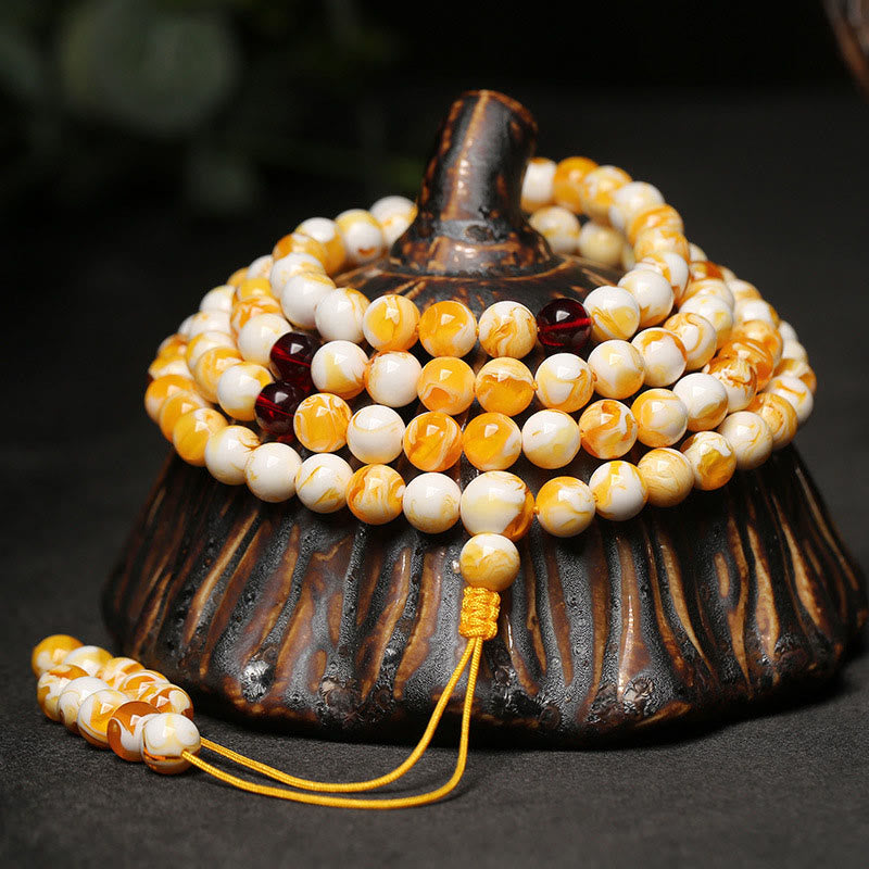 Fortune Jewel Tibetan White Yellow 108 Beads Amber Mala - Fortune Jewel