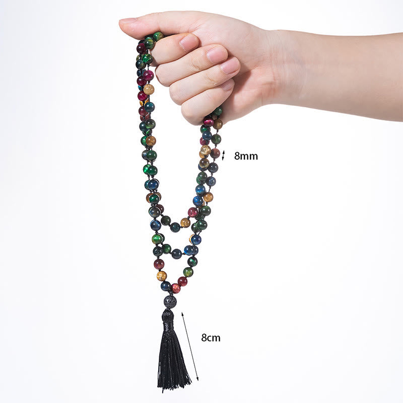 Buddha Stones Multicolored Yellow Tiger Eye Green Tiger Eye Blue Tiger Eye Red Tiger Eye Beaded Tassel Strength Mala - Fortune Jewel