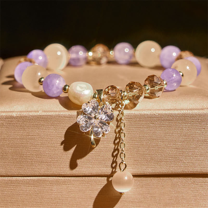 Fortune Jewel Four Leaf Clover Amethyst Citrine Green Strawberry Quartz Rutilated Quartz Balance Bracelet - Fortune Jewel