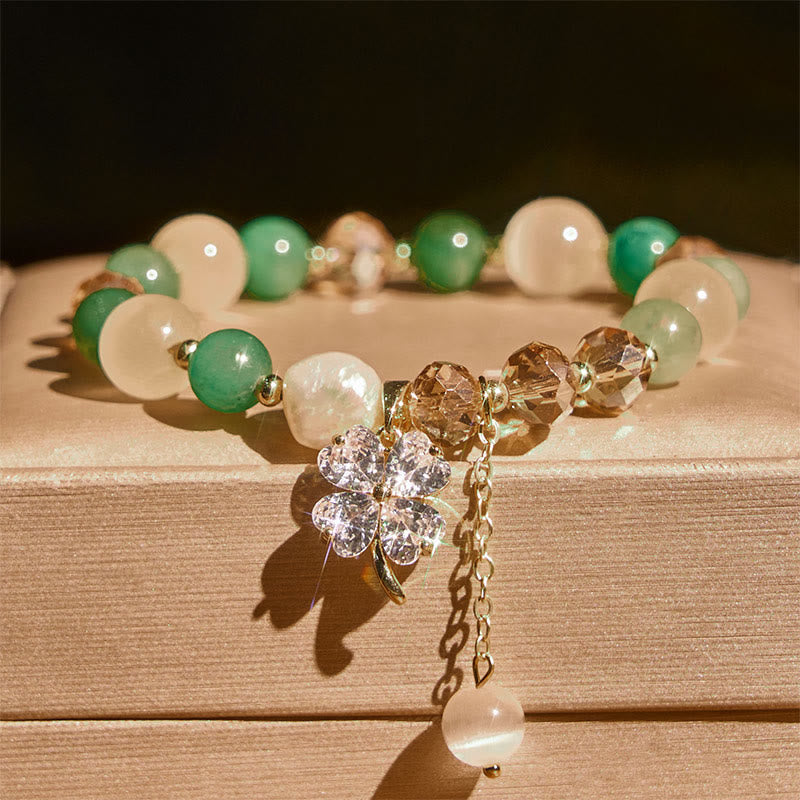 Fortune Jewel Four Leaf Clover Amethyst Citrine Green Strawberry Quartz Rutilated Quartz Balance Bracelet - Fortune Jewel