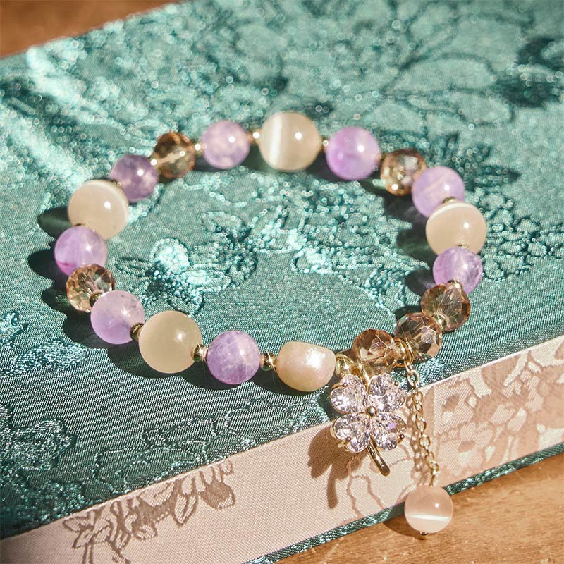 Fortune Jewel Four Leaf Clover Amethyst Citrine Green Strawberry Quartz Rutilated Quartz Balance Bracelet - Fortune Jewel
