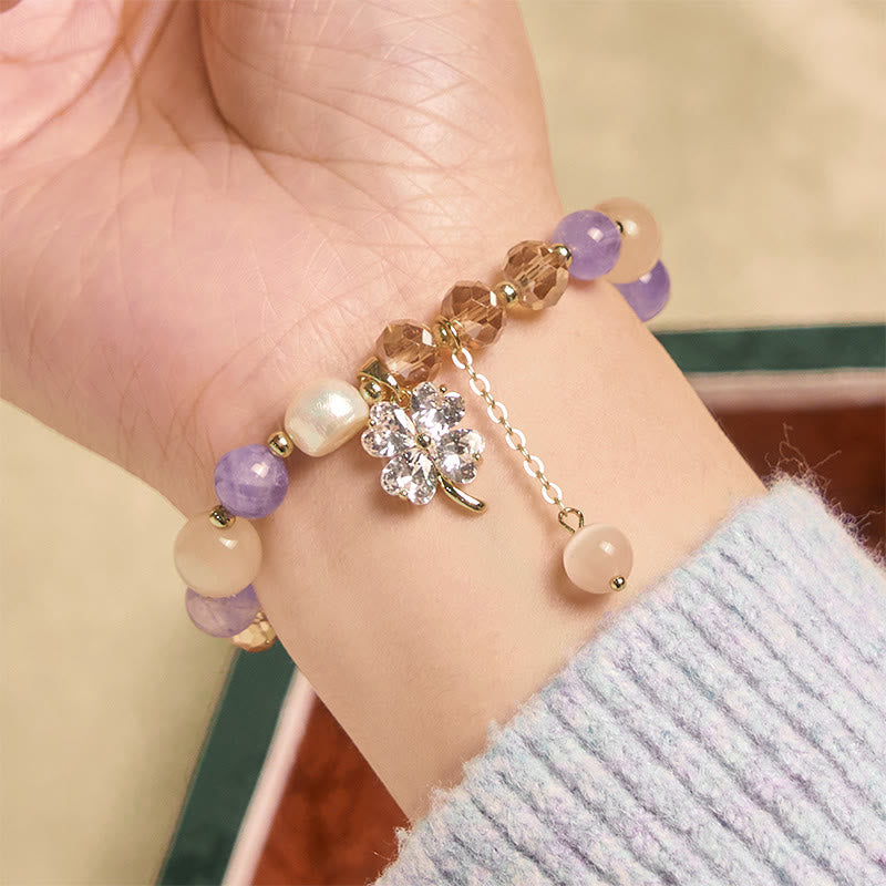 Fortune Jewel Four Leaf Clover Amethyst Citrine Green Strawberry Quartz Rutilated Quartz Balance Bracelet - Fortune Jewel