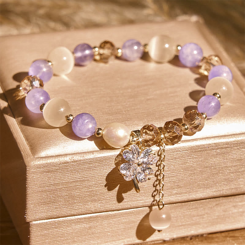 Fortune Jewel Four Leaf Clover Amethyst Citrine Green Strawberry Quartz Rutilated Quartz Balance Bracelet - Fortune Jewel