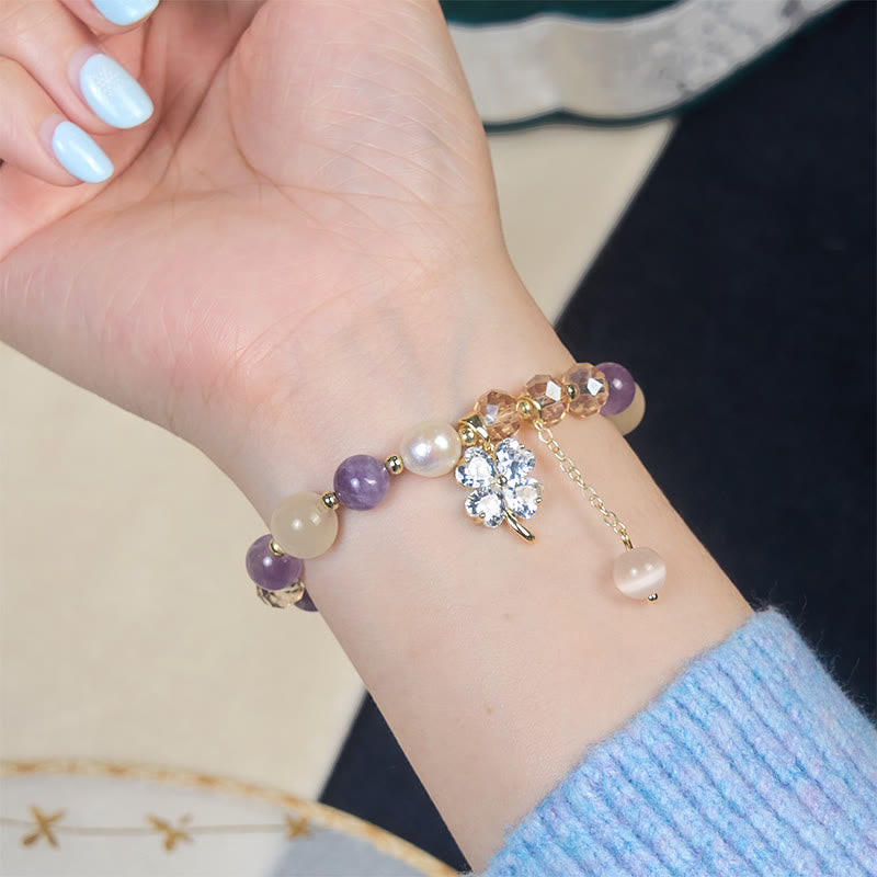 Fortune Jewel Four Leaf Clover Amethyst Citrine Green Strawberry Quartz Rutilated Quartz Balance Bracelet - Fortune Jewel