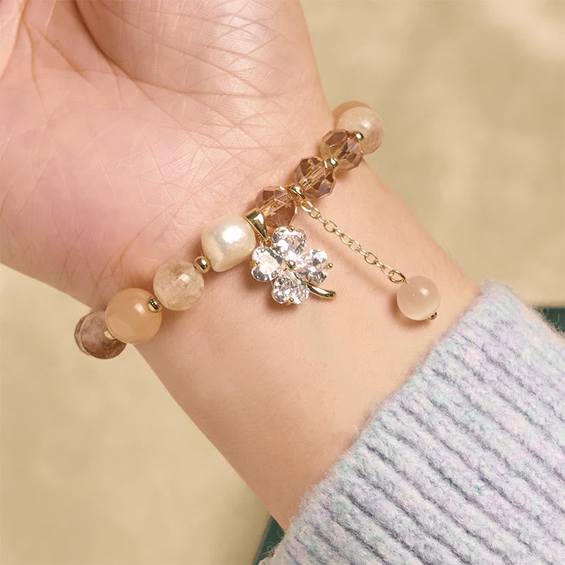 Fortune Jewel Four Leaf Clover Amethyst Citrine Green Strawberry Quartz Rutilated Quartz Balance Bracelet - Fortune Jewel