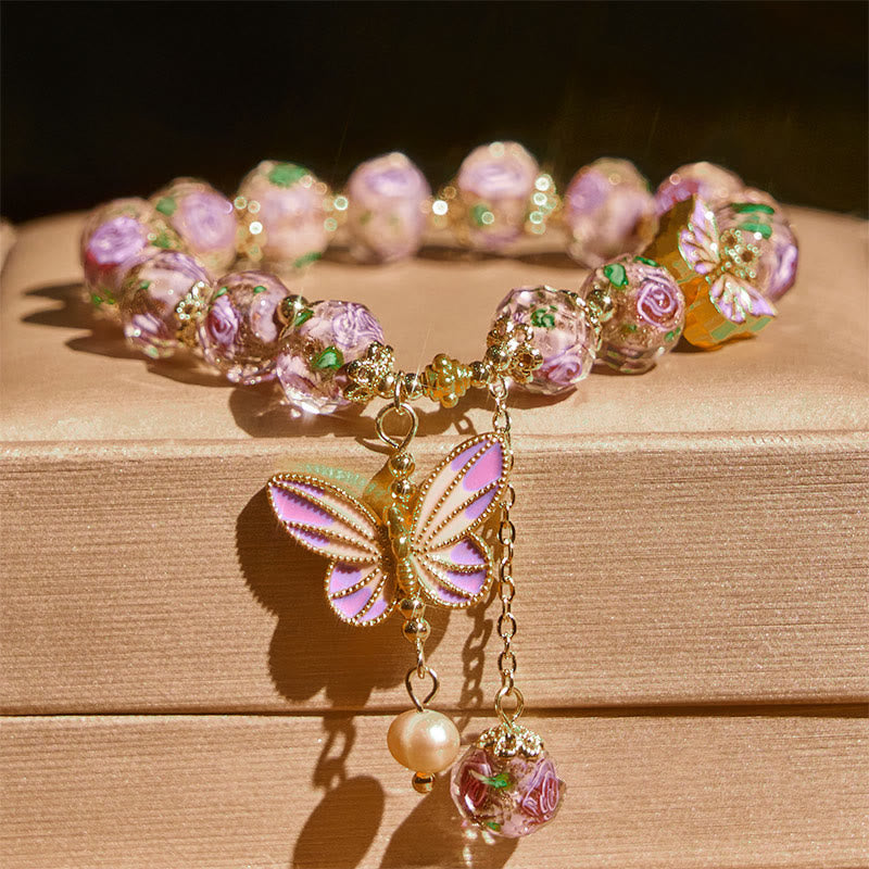 Fortune Jewel Double Butterflies Charm Flower Liuli Glass Beaded Love Bracelet - Fortune Jewel