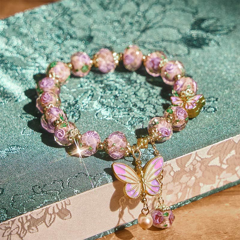 Fortune Jewel Double Butterflies Charm Flower Liuli Glass Beaded Love Bracelet - Fortune Jewel