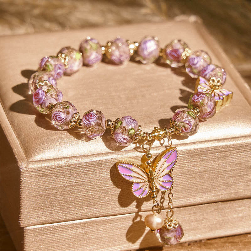 Fortune Jewel Double Butterflies Charm Flower Liuli Glass Beaded Love Bracelet - Fortune Jewel