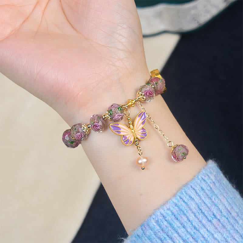 Fortune Jewel Double Butterflies Charm Flower Liuli Glass Beaded Love Bracelet - Fortune Jewel