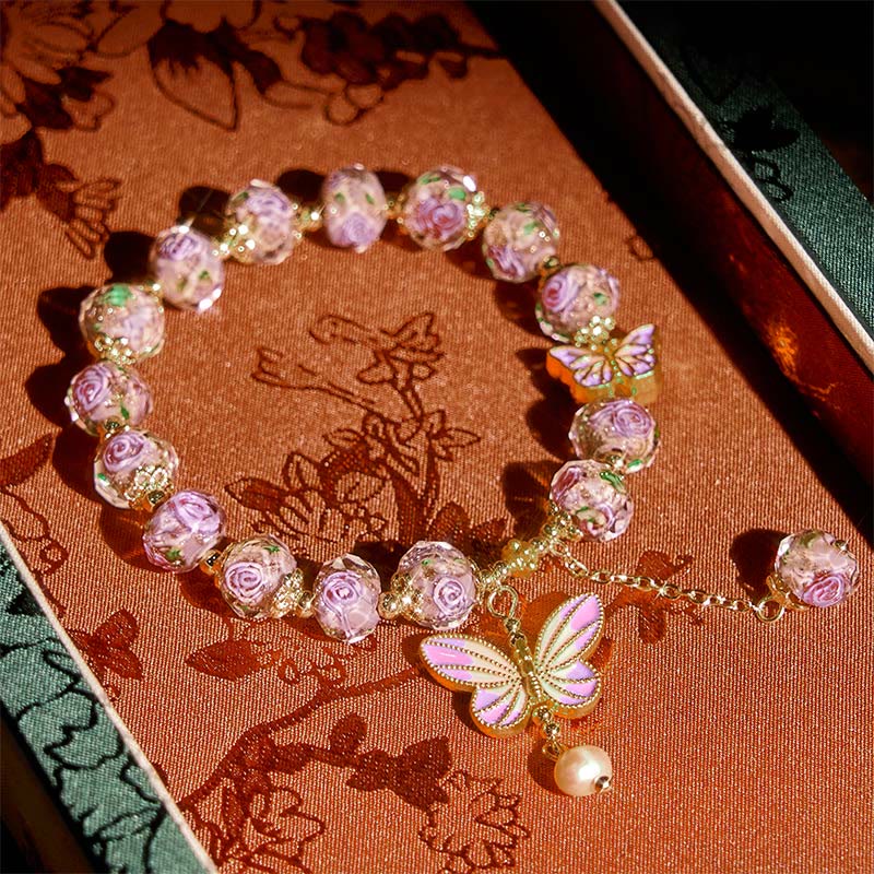 Fortune Jewel Double Butterflies Charm Flower Liuli Glass Beaded Love Bracelet - Fortune Jewel