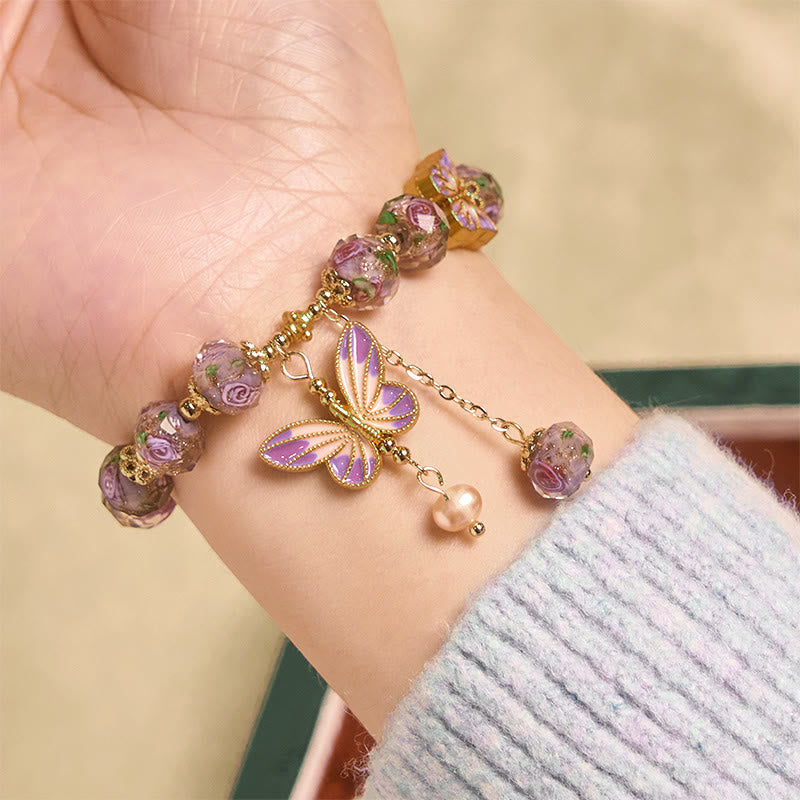 Fortune Jewel Double Butterflies Charm Flower Liuli Glass Beaded Love Bracelet - Fortune Jewel