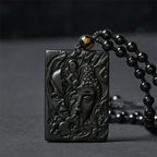 Fortune Jewel Half Demon Half Buddha Relief Design Black Obsidian Strength Necklace Pendant - Fortune Jewel