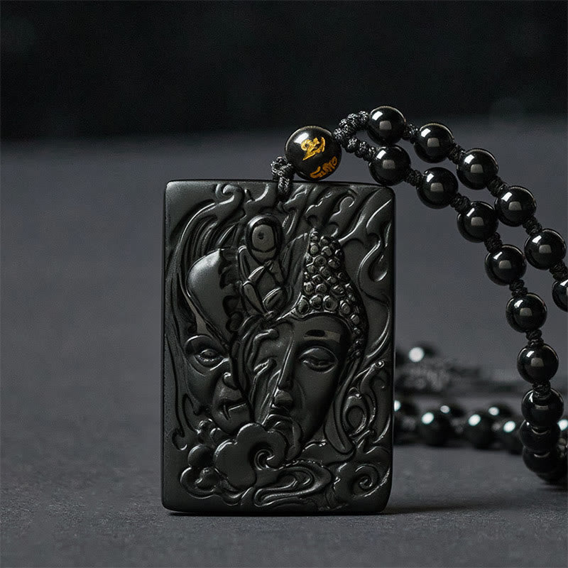 Fortune Jewel Half Demon Half Buddha Relief Design Black Obsidian Strength Necklace Pendant - Fortune Jewel