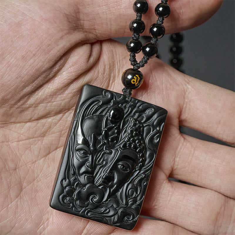 Fortune Jewel Half Demon Half Buddha Relief Design Black Obsidian Strength Necklace Pendant - Fortune Jewel