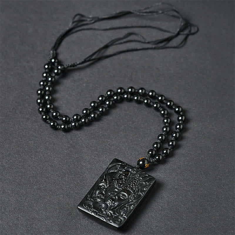 Fortune Jewel Half Demon Half Buddha Relief Design Black Obsidian Strength Necklace Pendant - Fortune Jewel