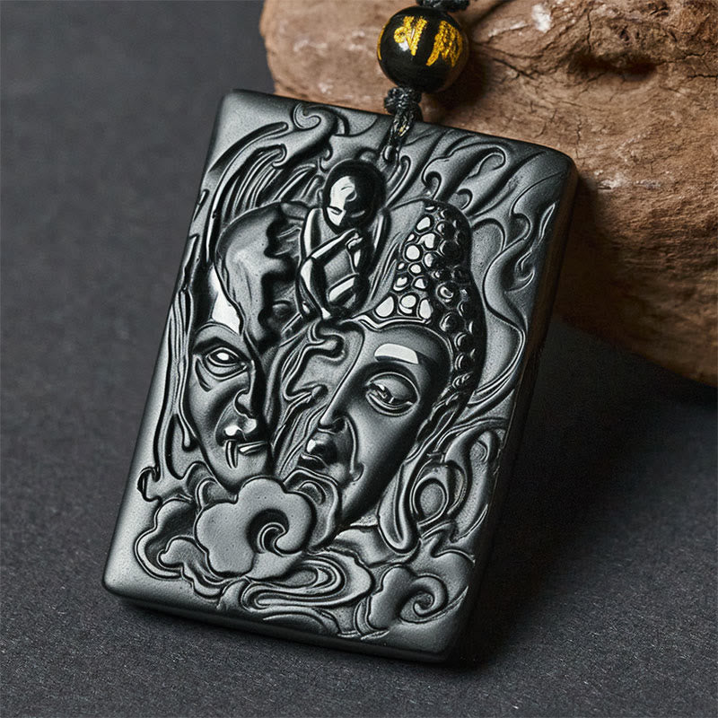 Fortune Jewel Half Demon Half Buddha Relief Design Black Obsidian Strength Necklace Pendant - Fortune Jewel