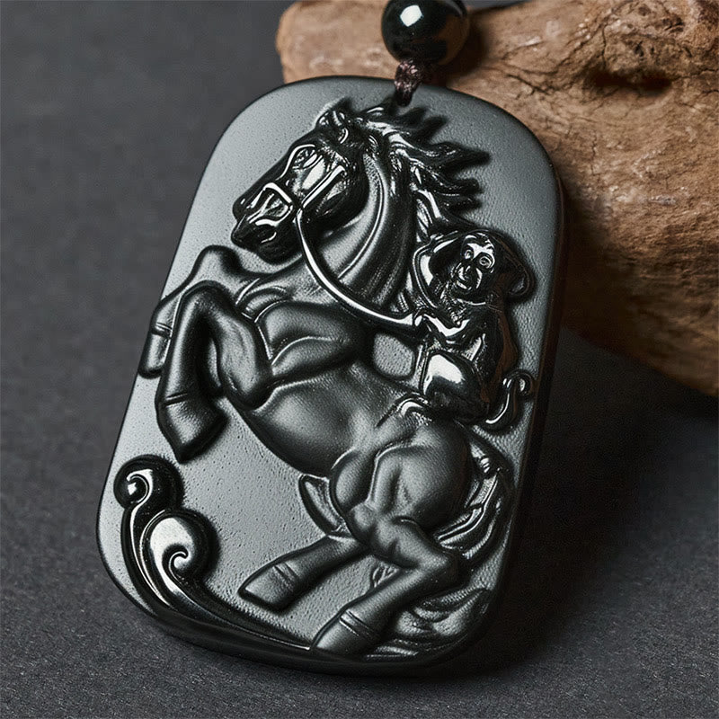 Fortune Jewel Year of the Horse Monkey Design Black Obsidian Purification Necklace Pendant - Fortune Jewel