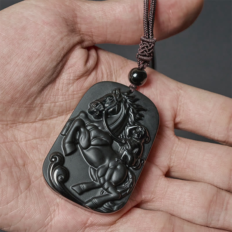 Fortune Jewel Year of the Horse Monkey Design Black Obsidian Purification Necklace Pendant - Fortune Jewel