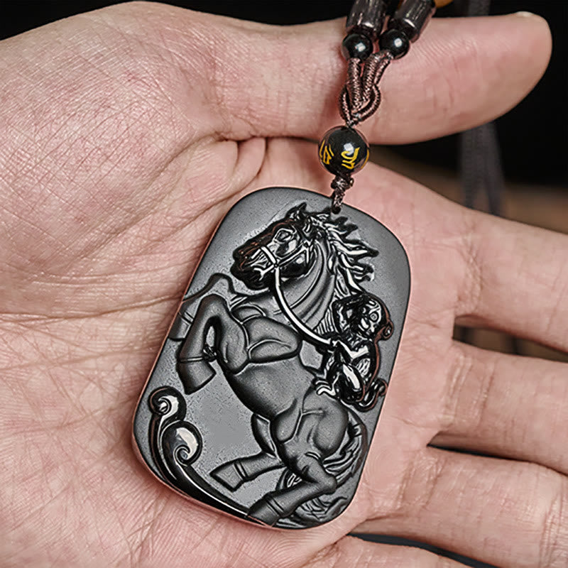 Fortune Jewel Year of the Horse Monkey Design Black Obsidian Purification Necklace Pendant - Fortune Jewel