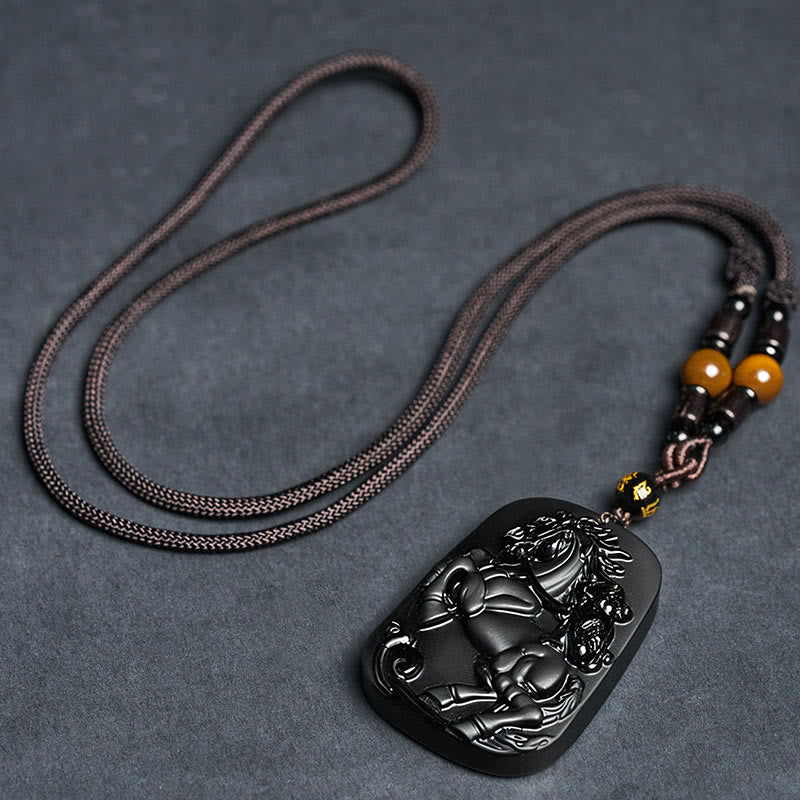 Fortune Jewel Year of the Horse Monkey Design Black Obsidian Purification Necklace Pendant - Fortune Jewel
