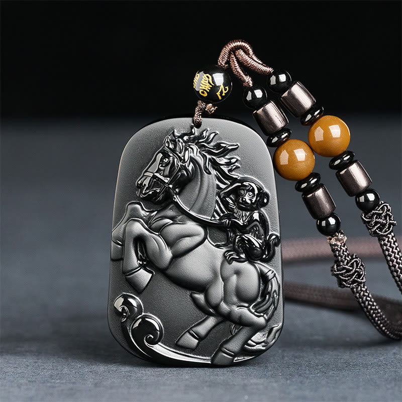 Fortune Jewel Year of the Horse Monkey Design Black Obsidian Purification Necklace Pendant - Fortune Jewel