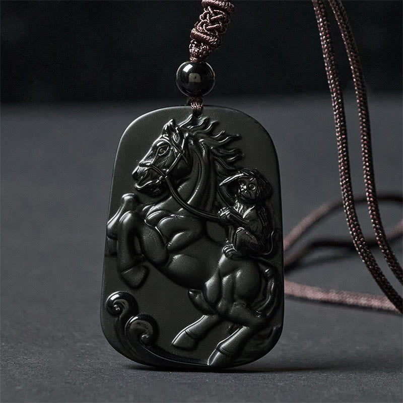 Fortune Jewel Year of the Horse Monkey Pattern Om Mani Padme Hum Black Obsidian Strength Necklace Pendant - Fortune Jewel