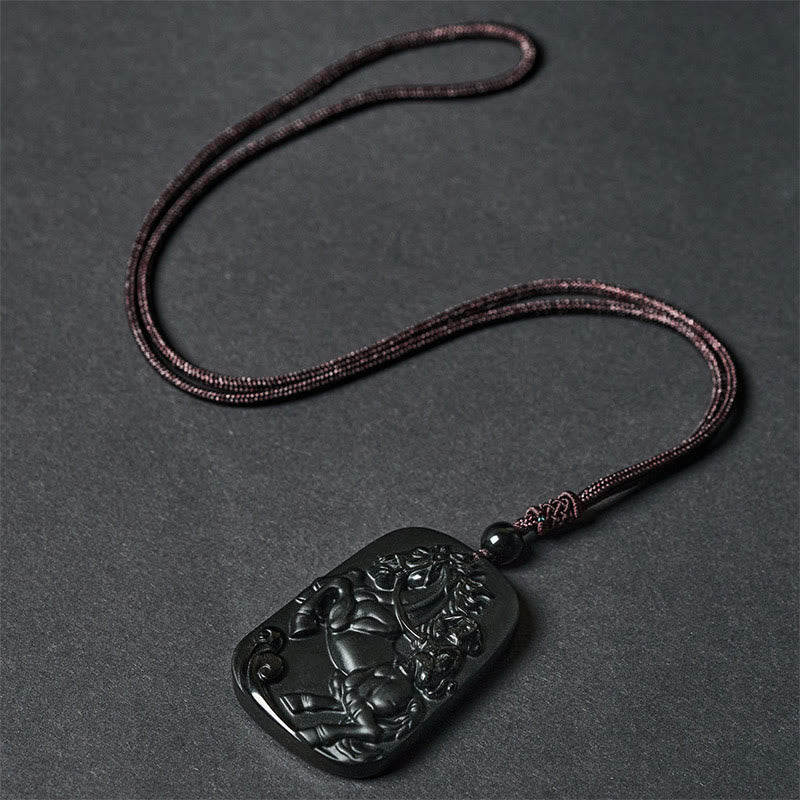 Fortune Jewel Year of the Horse Monkey Pattern Om Mani Padme Hum Black Obsidian Strength Necklace Pendant - Fortune Jewel