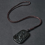 Fortune Jewel Year of the Horse Monkey Pattern Om Mani Padme Hum Black Obsidian Strength Necklace Pendant - Fortune Jewel