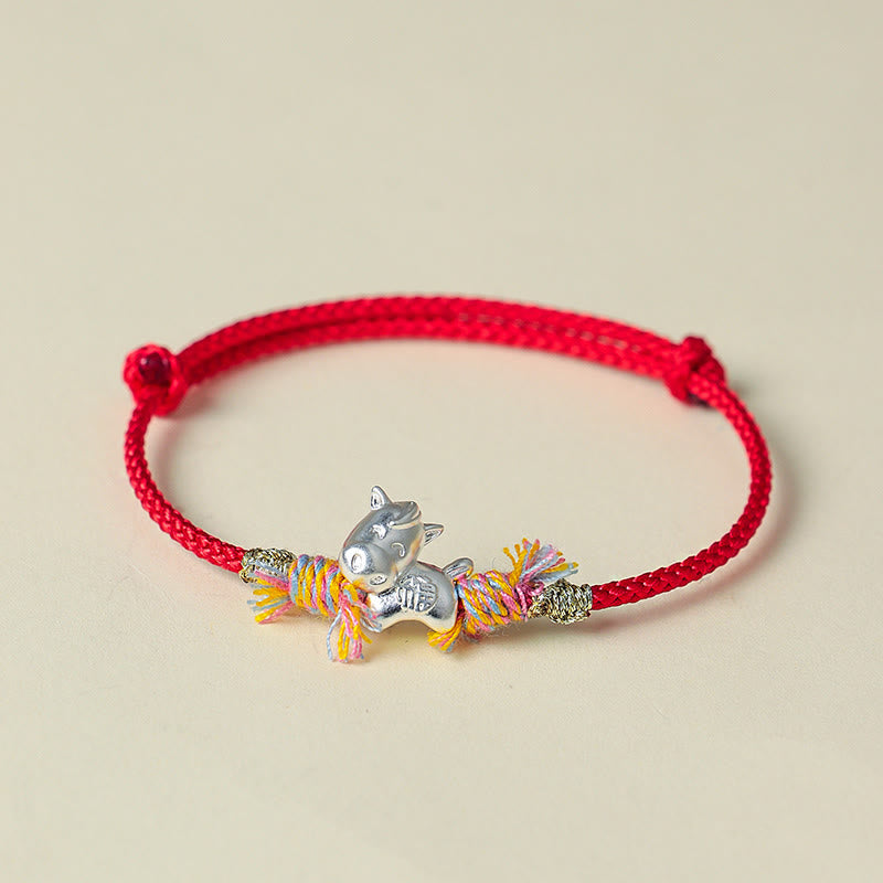 Fortune Jewel Year of the Horse 999 Sterling Silver Winged Horse Fu Character Red String Luck Bracelet - Fortune Jewel