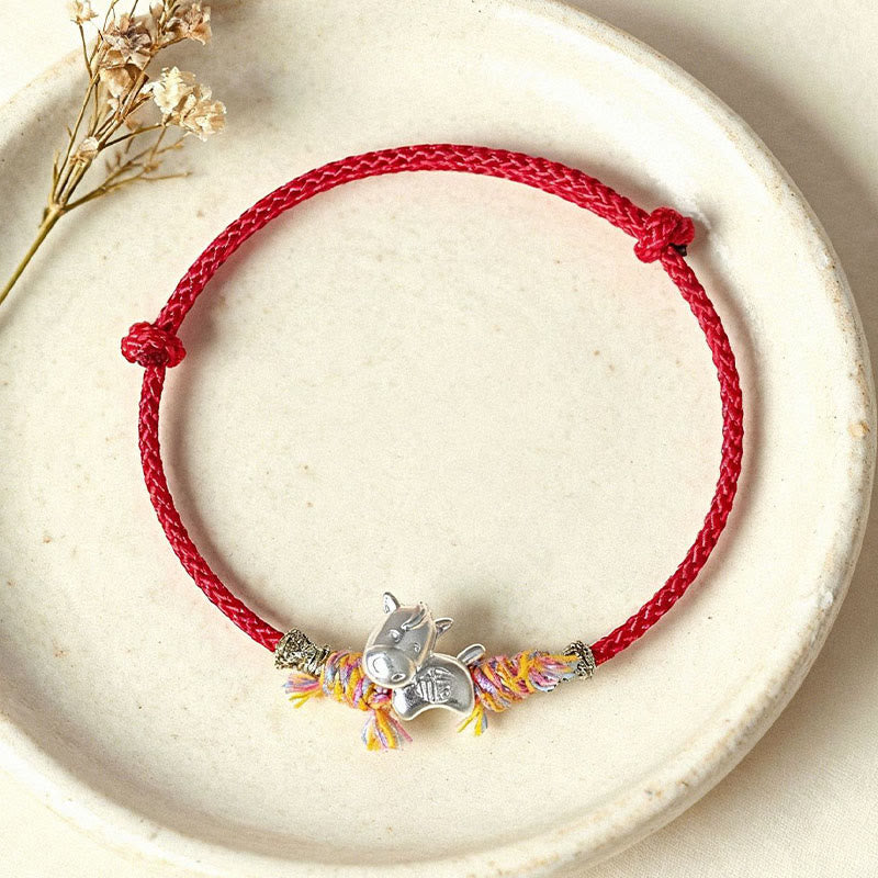 Fortune Jewel Year of the Horse 999 Sterling Silver Winged Horse Fu Character Red String Luck Bracelet - Fortune Jewel