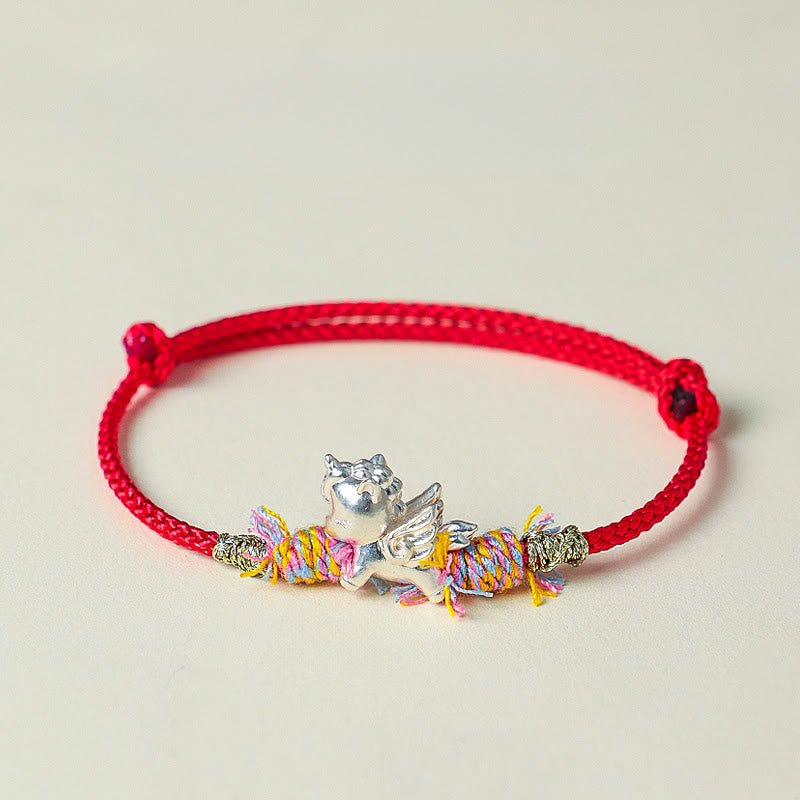 Fortune Jewel Year of the Horse 999 Sterling Silver Winged Horse Fu Character Red String Luck Bracelet - Fortune Jewel