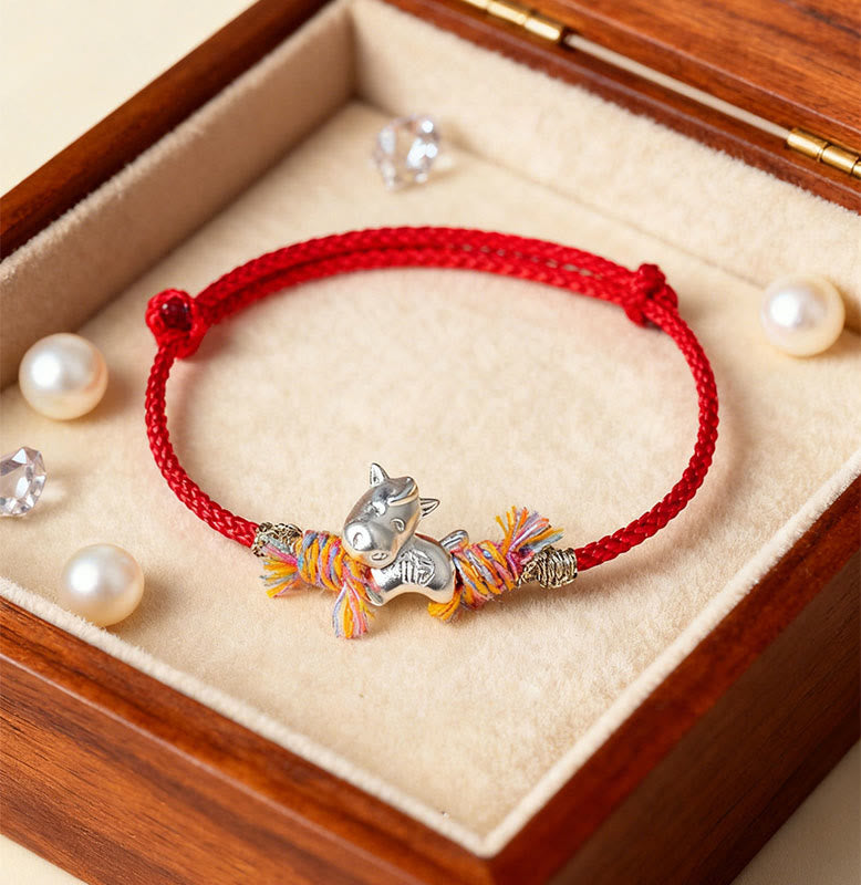 Fortune Jewel Year of the Horse 999 Sterling Silver Winged Horse Fu Character Red String Luck Bracelet - Fortune Jewel