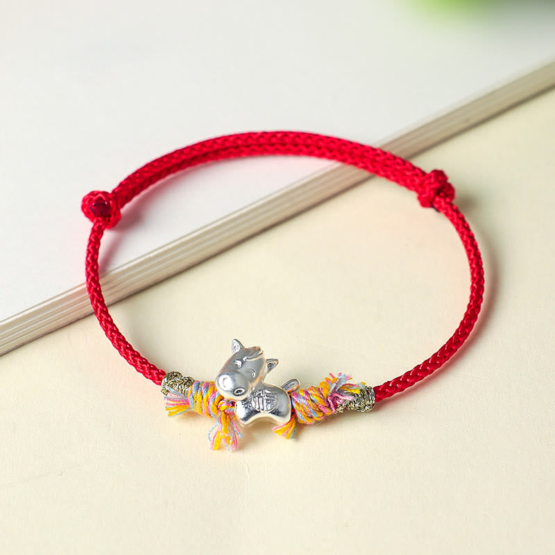 Fortune Jewel Year of the Horse 999 Sterling Silver Winged Horse Fu Character Red String Luck Bracelet - Fortune Jewel