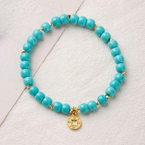 Buddha Stones Copper Coins Charm Imitation Turquoise Bracelet - Fortune Jewel