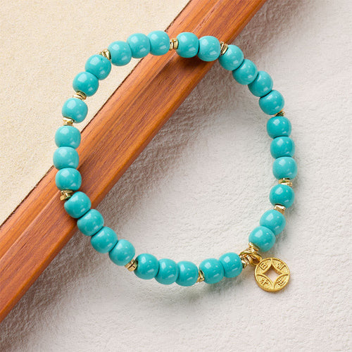 Buddha Stones Copper Coins Charm Imitation Turquoise Bracelet - Fortune Jewel