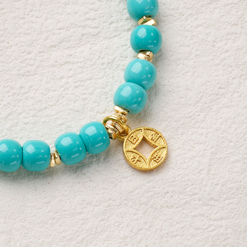 Buddha Stones Copper Coins Charm Imitation Turquoise Bracelet - Fortune Jewel