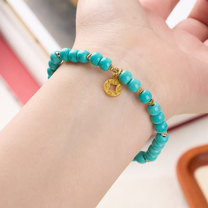 Buddha Stones Copper Coins Charm Imitation Turquoise Bracelet - Fortune Jewel