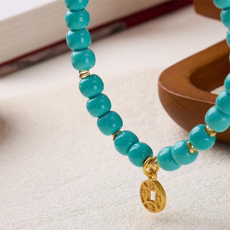 Buddha Stones Copper Coins Charm Imitation Turquoise Bracelet - Fortune Jewel