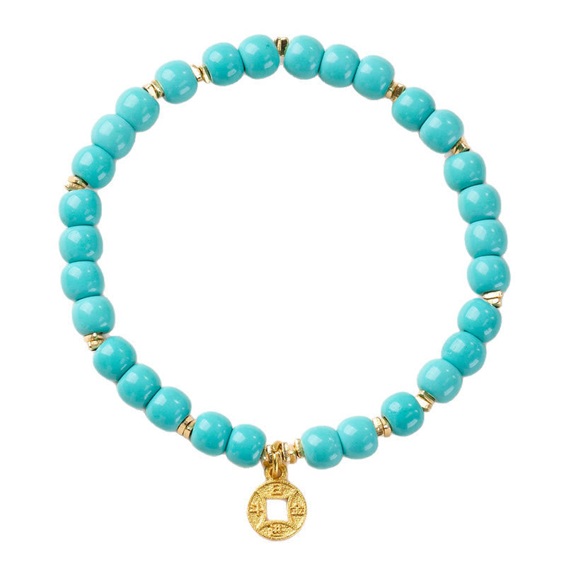 Buddha Stones Copper Coins Charm Imitation Turquoise Bracelet - Fortune Jewel