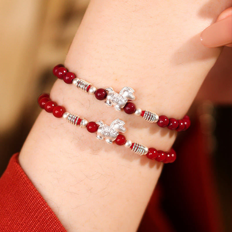 Buddha Stones Year Of The Horse Red Agate 999 Sterling Silver Cinnabar Calm Bracelet - Fortune Jewel