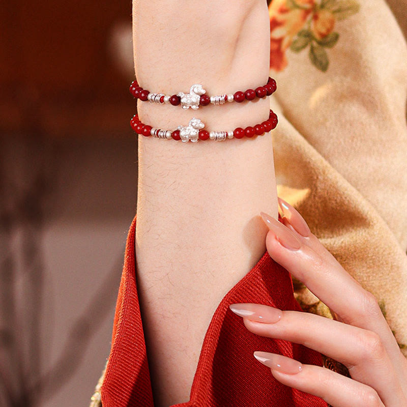 Buddha Stones Year Of The Horse Red Agate 999 Sterling Silver Cinnabar Calm Bracelet - Fortune Jewel