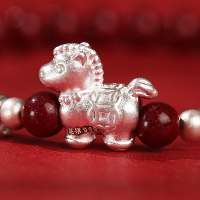 Buddha Stones Year Of The Horse Red Agate 999 Sterling Silver Cinnabar Calm Bracelet - Fortune Jewel