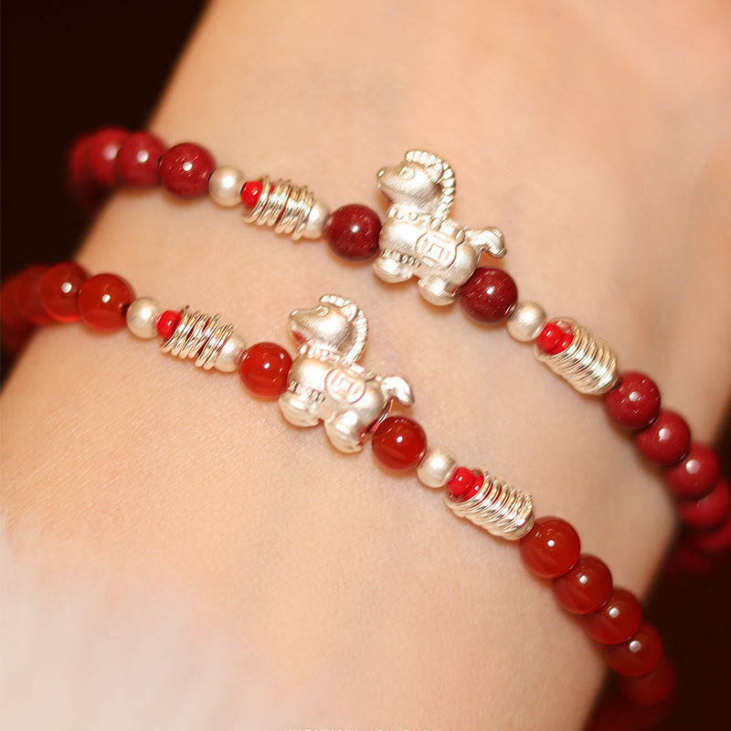 Buddha Stones Year Of The Horse Red Agate 999 Sterling Silver Cinnabar Calm Bracelet - Fortune Jewel
