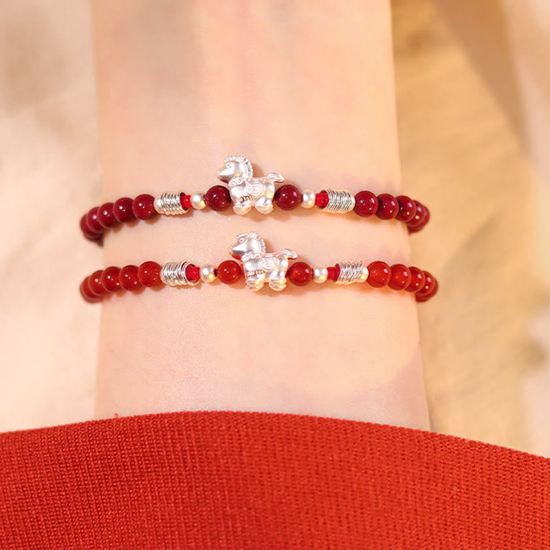 Buddha Stones Year Of The Horse Red Agate 999 Sterling Silver Cinnabar Calm Bracelet - Fortune Jewel