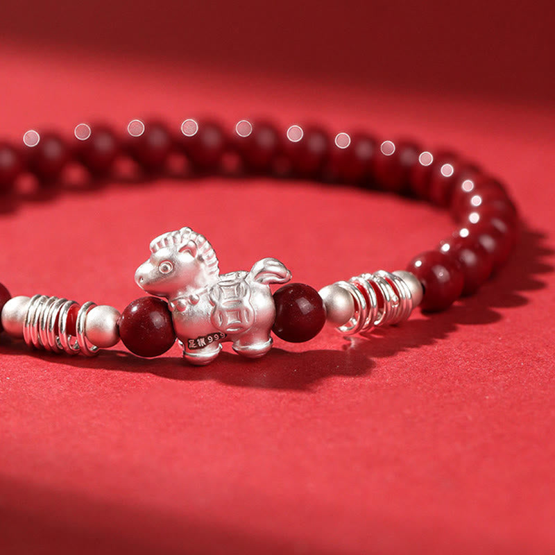 Buddha Stones Year Of The Horse Red Agate 999 Sterling Silver Cinnabar Calm Bracelet - Fortune Jewel