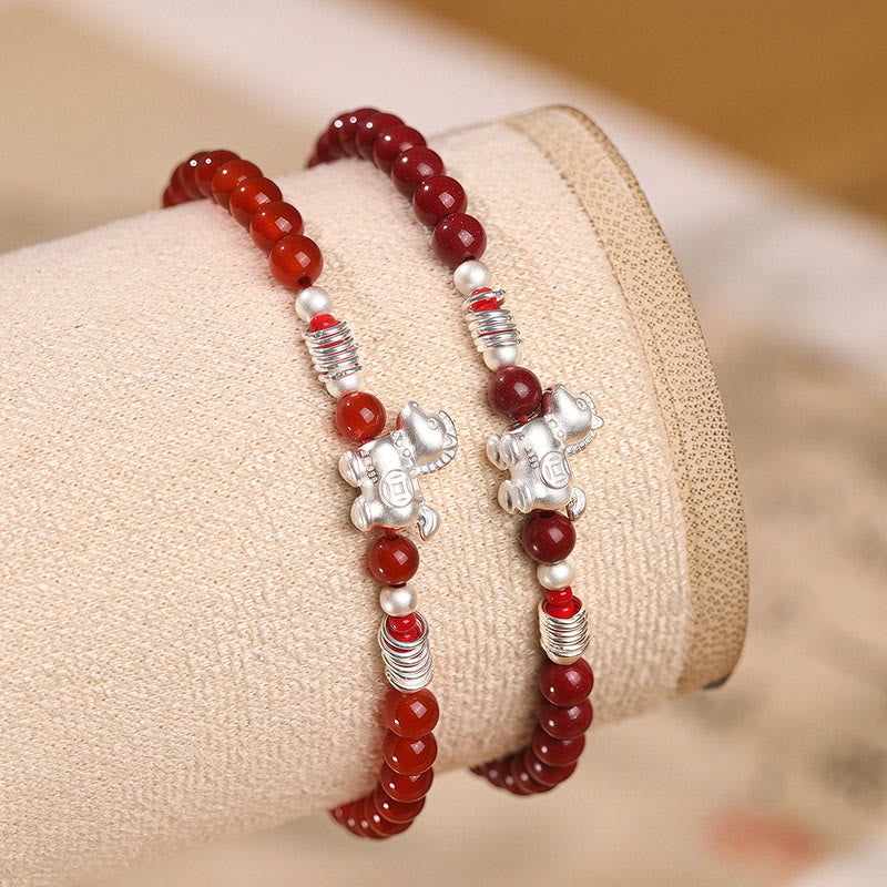 Buddha Stones Year Of The Horse Red Agate 999 Sterling Silver Cinnabar Calm Bracelet - Fortune Jewel